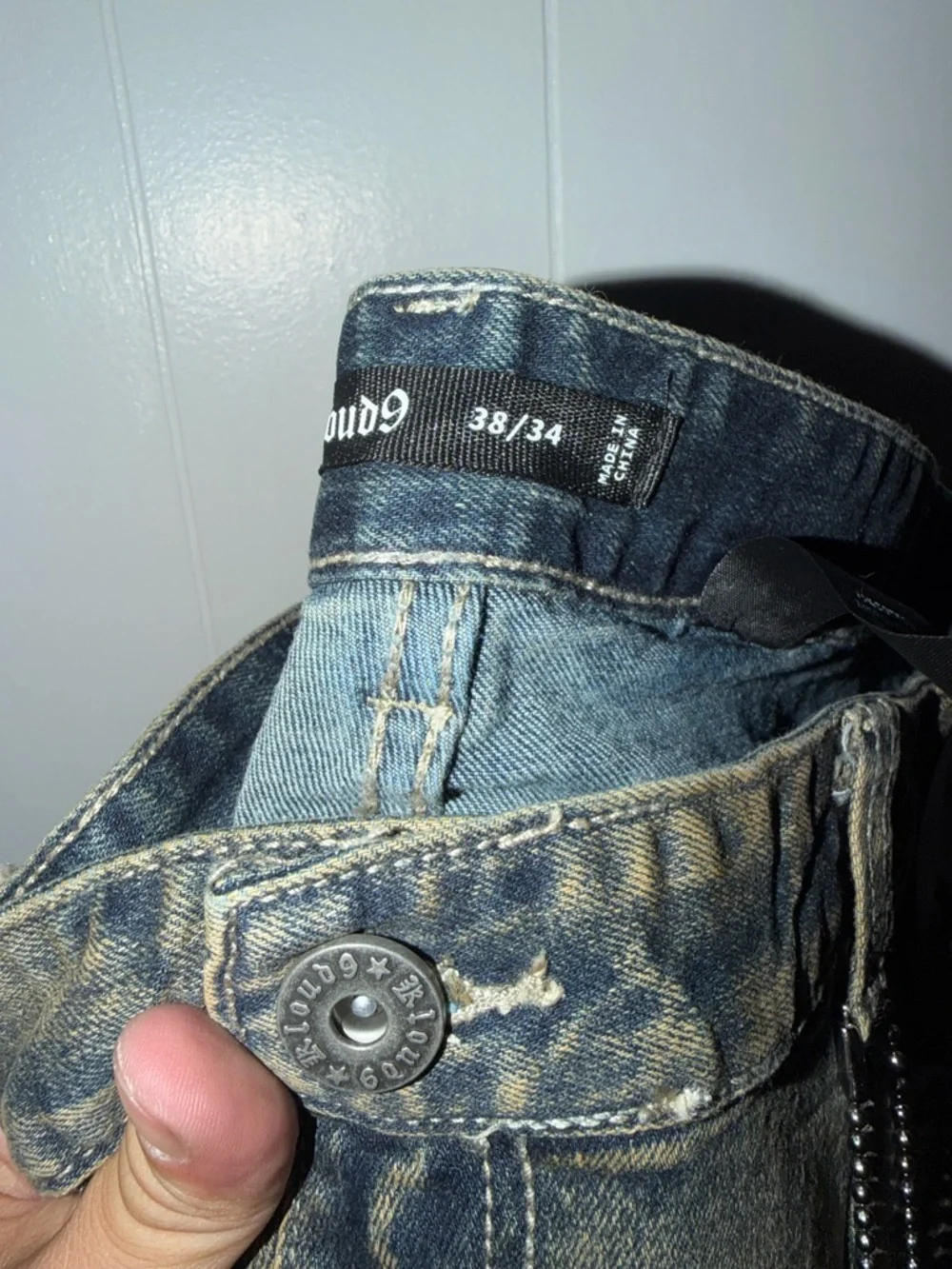 Men's Distressed Olive-Green Jeans with Embellishment - Picture 2 of 7